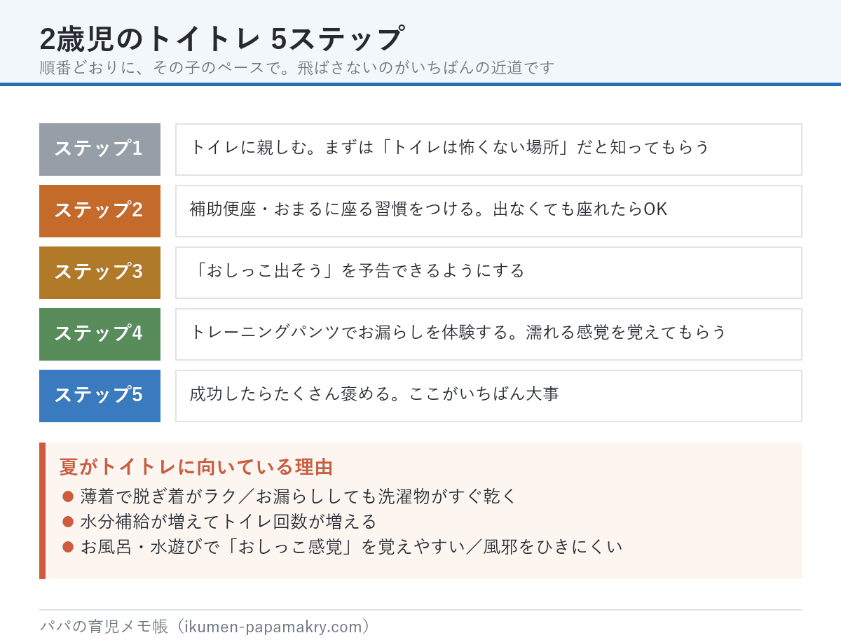 2歳児のトイトレ5ステップ。トイレに親しむ、補助便座に座る習慣、おしっこを予告する、トレーニングパンツでお漏らし体験、成功したら褒める