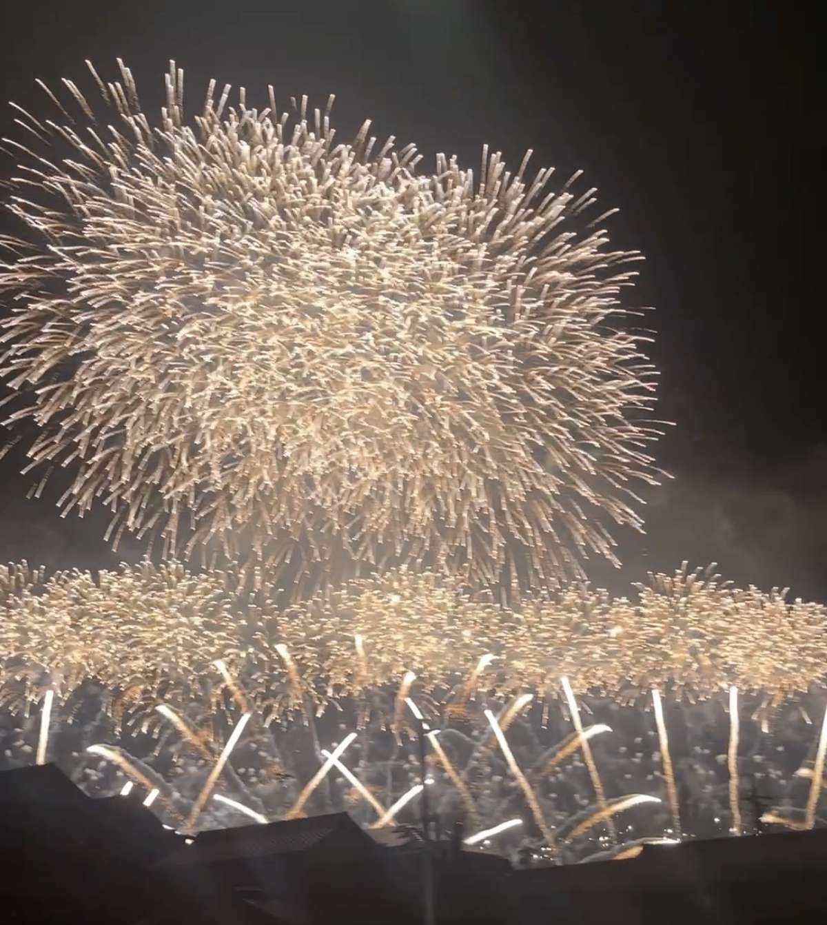 夜空いっぱいに広がった打ち上げ花火。金色の光が滝のように降りそそいでいる